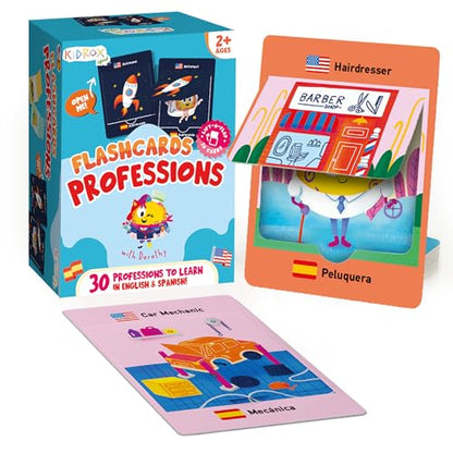 Kidrox Career & Professions Flash Cards, English Learning Cards with Spanish Translations, Interactive Open & Cover, 30 Pack - style: Professions