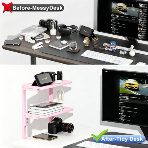 2-Tier Desk Shelf | Desk Organization Expandable Clamp on Desk Shelf Desktop Accessories for Offices and Game Rooms (Pink) - color: Pink