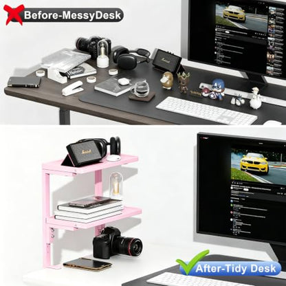 2-Tier Desk Shelf | Desk Organization Expandable Clamp on Desk Shelf Desktop Accessories for Offices and Game Rooms (Pink) - color: Pink