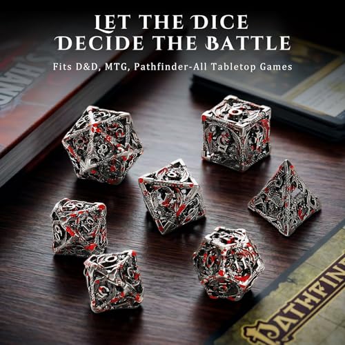 MoKo Dragon Hollow Metal DND Dice Set, Red+Silver | 7 Pcs Polyhedral, D20 D12 D10 D8 D6 D4, For Dungeons and Dragons RPG Games, With Gift Box - color: 4 - Red+sliver