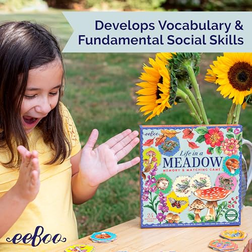 eeBoo Life in a Meadow Memory & Matching Game, Ages 3+, 1-4 Players | Introduces woodland flora & fauna. Sharpens recognition, concentration & memory skills. Includes 48 hexagonal tiles, 24 pairs - style: Life in a Meadow
