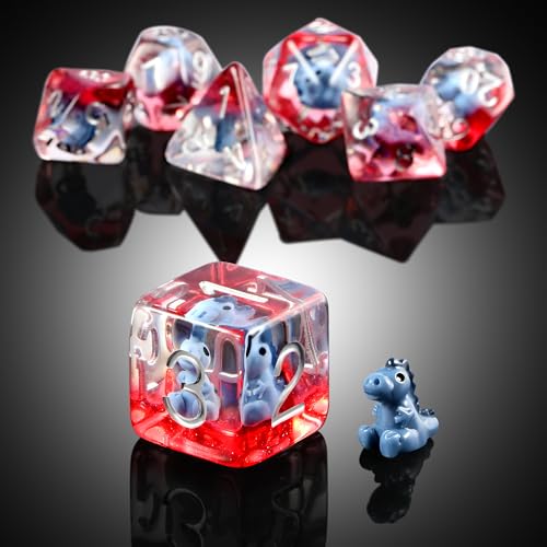 DNDND 7-Piece Baby Dinosaur Themed DND Dice Set - Resin Polyhedral Dice with Sivler Numbers for Dungeons and Dragons Pathfinder (Baby Dinosaur) - color: Baby Dinosaur