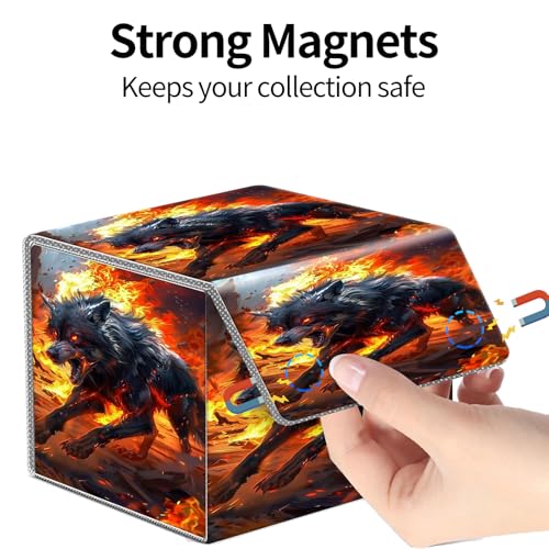 PU Leather Deck Box for MTG Commander Cards, Fits 100+ Double Sleeved Cards, Secure Magnetic Trading Card Storage Case for TCG CCG,Fiery Spirit Wolf - color: Fiery Spirit Wolf