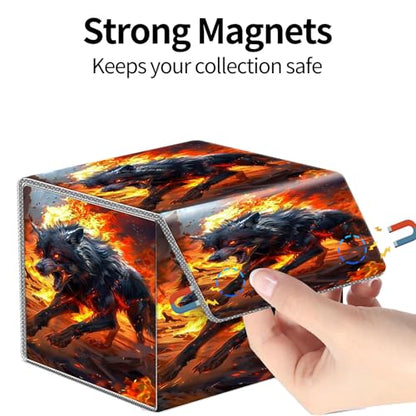 PU Leather Deck Box for MTG Commander Cards, Fits 100+ Double Sleeved Cards, Secure Magnetic Trading Card Storage Case for TCG CCG,Fiery Spirit Wolf - color: Fiery Spirit Wolf