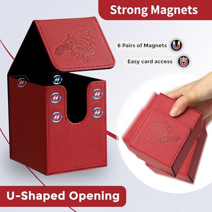 Card Deck Box with 2 Dividers, MTG Commander Deck Box Holds 100+ Double-Sleeved Cards, Leather Magnetic Deck Case Compatible with Magic TCG CCG Cards, Red/Dragon - color: 4. Red,Dragon 01, size: 100 Double-sleeved Cards Vertical