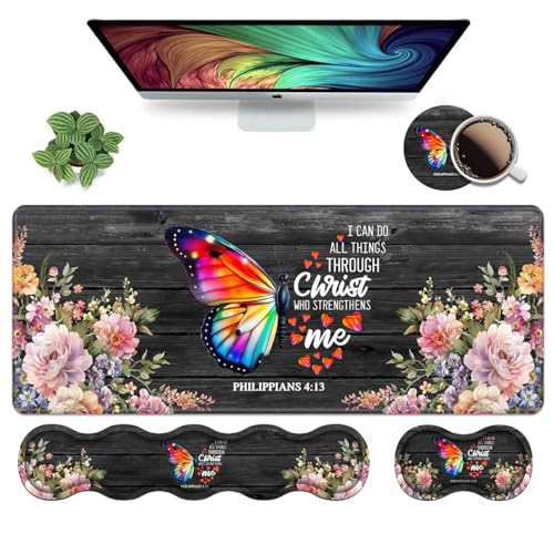 Ergonomic Keyboard Wrist Rest & Mouse Pad Wrist Rest Set, Large XXL Gaming Desk Mat 31.5"x 11.8", Memory Foam, Easy Typing Pain Relief for Office & Home, Butterfly Quote Bible Verse Philippians 4-13 - color: Butterfly Quote Bible Verse Philippians 4-13