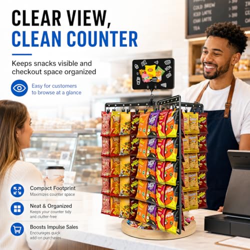 Chip Rack Display Stand, 360° Rotating 6-Sided Chip Holder Display for Countertop with 75 Adjustable Clips, Wooden Base Tray, DIY Message Board & Pen, Snack Display Rack for Concession Stand, Retail, Office, Parties - size: Rotatable use
