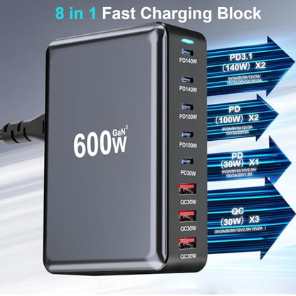 600W USB C Fast Charger Block, Multi-port USB Charging Station, GaN Ⅲ Double 140W PD PPS Port Fast Charging Station for Multiple Devices,Laptop Wall Charger Compatible with MacBook, iPhone 17,iPad etc - size: 600W+A 240W Fast Charging Cable Braided Nylon