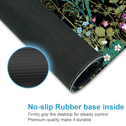 XXL Waterproof Office Desk Pad Protector 35.4x15.7 Inch - Extended Gaming Mouse Pad with Non-Slip Rubber Base, Thickened Keyboard Mat, Stitched Edges & Weeds Design - color: A-black