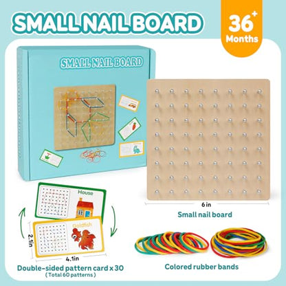 Wooden Geoboard, Montessori STEM Toy with Pattern Cards for Kids Ages 3+ | Pattern Cards & Rubber Bands, Geometric Shape Learning, Classroom STEM Tool, Brain Teaser Gift - size: 6*6 in