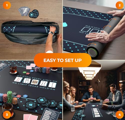 Newverest Poker Table Top 70" x 35", Texas Hold'em Poker Mat for Home Game Nights Up to 10 Players, Casino| Poker Topper Cloth for Tables in Zipper Storage Bag with 8 Coasters in Poker Gift-Ready Box - color: Blue