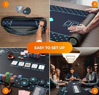 Newverest Poker Table Top 70" x 35", Texas Hold'em Poker Mat for Home Game Nights Up to 10 Players, Casino| Poker Topper Cloth for Tables in Zipper Storage Bag with 8 Coasters in Poker Gift-Ready Box - color: Blue