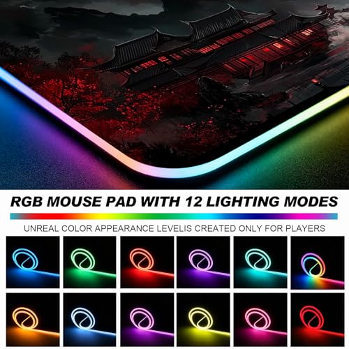 RGB Japanese Dreamy Lakescape Full Moon Gaming Desk Mat, Computer Keyboard Large Extended Long LED Mouse Pad for Office and Home, XL (W07) - color: Rgb-w07