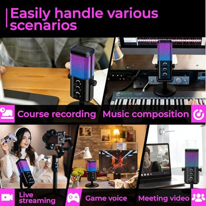 USB Microphone for PC/Gaming，Smart ENC Noise Cancelling & Heart-Shaped Pickup，RGB Lighting & Multi-Knob Control for Streaming/Podcast，with Mic Arm Stand, Black Standard Model - style: Base style