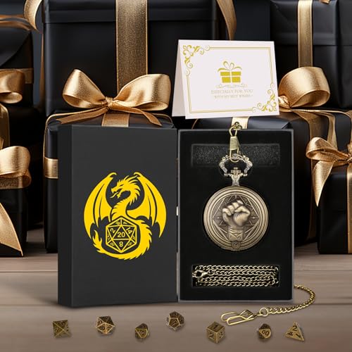 Mini DND Dice Set with Steampunk Monk (Fist) Pocket Watch Case, Tiny 7PCS Polyhedral Metal D&D Dice, DND Gifts with Gift Box, Role Playing Game Board Game Accessories Dice, Bronze - color: Bronze