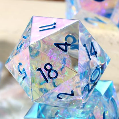 Iridescent Plating Sharp Resin Dice, DNDND 7PCS Handmade DND Sharp Edge Dice with Gorgeous Gift Case for Dungeons and Dragon Tabletop Games (Iridescent Plating Transparent) - color: Iridescent Transparent