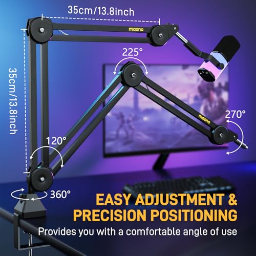 MAONO Boom Arm Microphone Stand with XLR Cable: Adjustable Metal Suspension Mic Boom Arm Kit for Podcast Gaming Streaming Recording,with Desk Clamp and 3/8"to5/8"Screw Adapter(BA37+XLR-180)