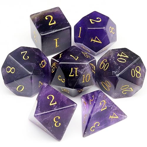 Haxtec Natural Amethyst Gemstone DND Dice with Premiun DND Dice Case Semi-Precious Gem D&D Dice Compatible with Dungeons and Dragons TTRPG Gift - color: Purple