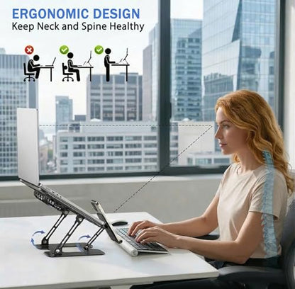 Laptop & Phone 2-in-1 Cooling Stand with Silent Fan, Adjustable Height & Angle, Carbon Steel Foldable Laptop Riser, Gaming Laptop Cooler Pad for Laptops Up to 18 Inch (Black) - color: Black