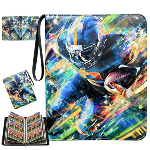 Football Card Binder with Sleeves, 9-Pocket Portable Card Protectors Album Holder Book with Zipper, Fits 900 Cards with 50 Removable Sleeves, Football Cards Display Storage Carrying Case - color: Football-02