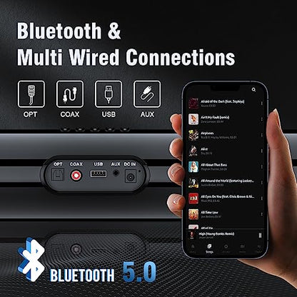 OFFSIR 50W 2.0CH Sound Bar for Smart TV with Bluetooth 5.0 | Optical, coaxial, AUX, USB inputs. 3 EQ modes, adjustable bass/treble. Compact size for TV, PC, gaming, dorm