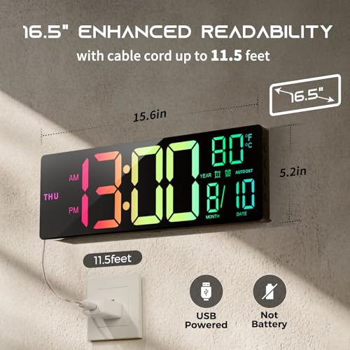 EASYERA 16.5" Large Digital Wall Clock with BT Sync,11 RGB Lights | Classroom Clock Remote Control, Big LED Display, Dual Alarms, Auto DST, Temperature | Gaming - color: Black