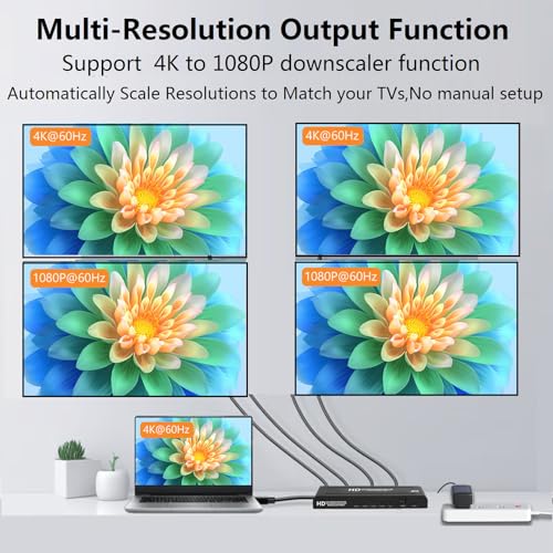 4K@60Hz 1x4 HDMI Splitter 4:4:4,18 Gbps,4 Port Powered HDMI 2.0 Splitter1 in 4 Out Support Auto Down Scaler, 4K 1080P Sync, HDR10,3D, Only Duplication/Mirror Screens (Not Extend) for HDTV/PS5 - size: 4K@60Hz 1x4 splitter