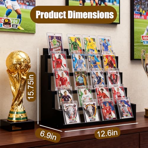 WodGod Card Display Stand，5-Tier Black Wooden Graded Card Display Rack，Wooden Trading Card Display，Desktop Showcase for Sports Cards