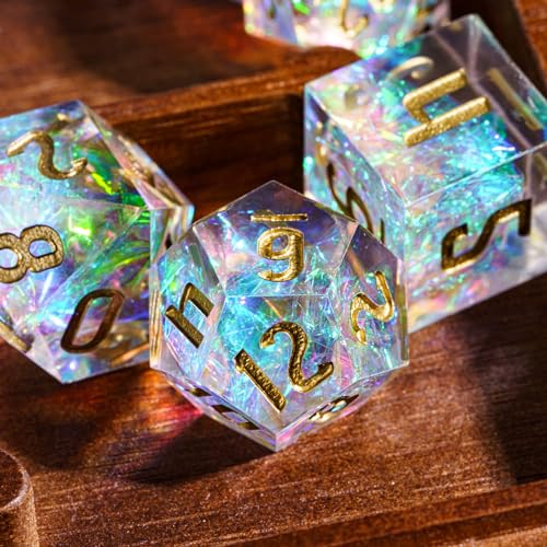 Cusdie Sharp Edges DND Dice, 7 PCs D&D Dice, Handcrafted Polyhedral Dice Set, for Dungeons and Dragon Role Playing Game(Transparent w/White Sparkle) - color: Transparent W/White Sparkle