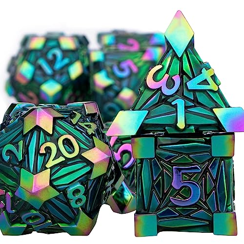 7PCS Metal DND Dice Set with Box, Debris RPG Red D and D Dice for use with D&D Tabletop Games Role Playing Game Polyhedral Dice Set D20 D12 D10 D8 D6 D4 - color: Dazzling Green