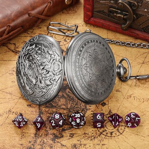 Mini DND Dice Set, 7-Piece Polyhedral Acrylic D&D Dice, with Steampunk Dragon Large Pocket Watch Case, DND Gift Bag with Dragon Logo, Role Play Board Game Accessories, Dark Silver + Purple - color: Silver + Purple