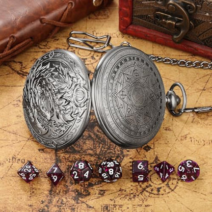 Mini DND Dice Set, 7-Piece Polyhedral Acrylic D&D Dice, with Steampunk Dragon Large Pocket Watch Case, DND Gift Bag with Dragon Logo, Role Play Board Game Accessories, Dark Silver + Purple - color: Silver + Purple