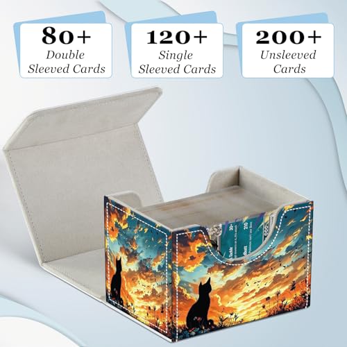 Commander Deck Box for Trading Cards - Fits 100+ Double Sleeved Cards, PU Leather MTG TCG Storage Case with Strong Magnetic Closure, Cat Watching Sky - color: Cat Watching Sky