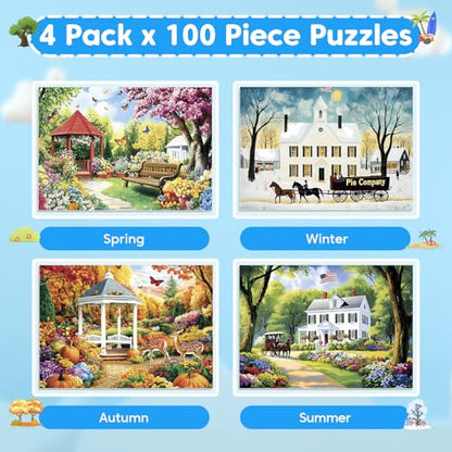 4 Pack 100 Piece Puzzles for Seniors, Four Seasons Jigsaw Puzzles | Elderly Large Piece Puzzle for Adults & Kids Ages 4-6 6-8 8-10, Easy Beginner Puzzle Family Educational Toy Gift - color: Seasons Scenery
