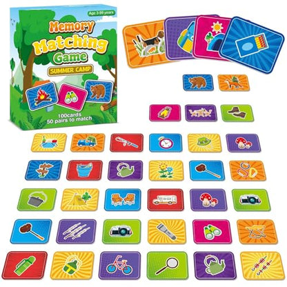 gisgfim 100 PCS Memory Matching Game for Kids Summer Camp Concentration Memory Card for Preschool Educational Ages 3-8 A Fun & Fast Camp Theme Matching Games - style: Summer Camp