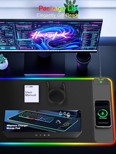 Wireless Charging Mouse Pad Gaming, 31.5"x15.8" Large Desk Mat, Waterproof | RGB Mousepad, Smooth Glide, Stitched Edge, Non-Slip Rubber Base, Desk Pad Computer Keyboard Mat, No Adapter - color: RGB-31.5"x15.8"-Right