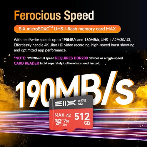 SIX M200 256GB Micro SD Card Read Up to 190MB/s for 4K UHD Continuous Recording - A2, U3, V30 microSDXC Memory Card 256GB with Adapter for Action Cameras, Drones, Gaming Consoles, Dash Cams, Phones - size: 256GB