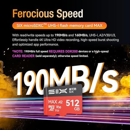 SIX M200 256GB Micro SD Card Read Up to 190MB/s for 4K UHD Continuous Recording - A2, U3, V30 microSDXC Memory Card 256GB with Adapter for Action Cameras, Drones, Gaming Consoles, Dash Cams, Phones - size: 256GB