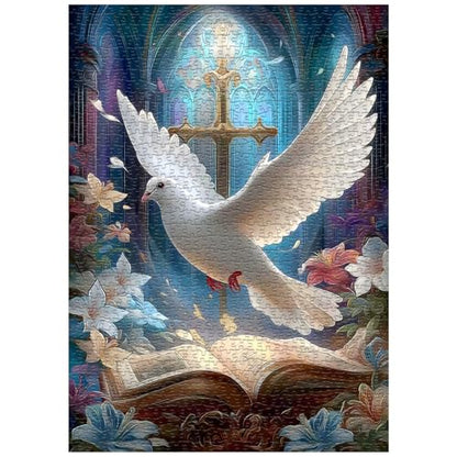 Christian Puzzles for Adults 1000 Pieces, Easter Religious Puzzle with Cross, Bible and White Dove, Catholic Book Floral Bible Jigsaw Puzzle, Faith Bird Religious Wall Decor