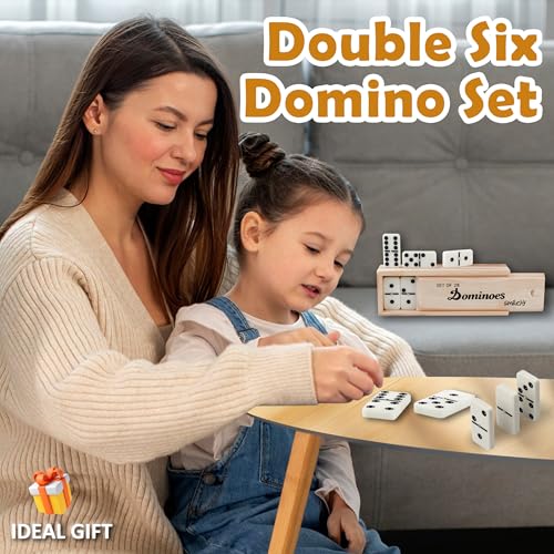 Smilejoy Dominoes Set for Adults, Domino Set for Classic Board Games, Double 6 Domino Game Set 28 Pieces with Natural Wood Case (2 Players) - style: Medium