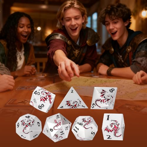 Metal Dice Set, Flat Face White Red Dragon Pattern, 7pcs Polyhedral Metal DND Dice Set, DND Starter Set, D&D Gifts with Gift Box, Role Playing Board Games Accessories, White - color: White+ Red