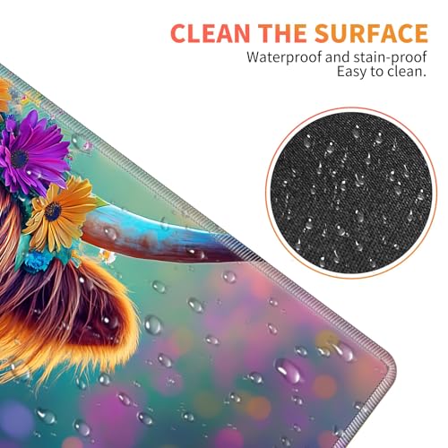 Large Gaming Mouse Pad Set with Wrist Support – 31.5" x 11.8" 4-in-1 XXL Mousepad with Keyboard Wrist Rest, Mouse Wrist Rest & Coaster – Ergonomic Desk Mat for Office, Home – Highland Cow Flower - color: Highland Cow Flower