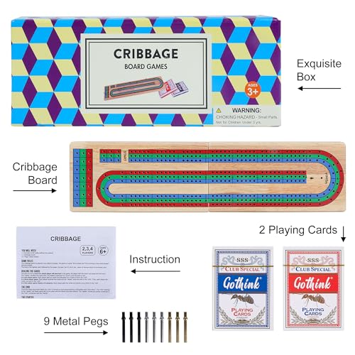 Offelec Upgraded Wooden Folding Cribbage Board Game Set - 3 Track Board with 2 Decks of Cards, 9 Metal Pegs & Storage | Portable Travel Cribbage for Kids, Adults and Family - color: Folding Cribbage Board