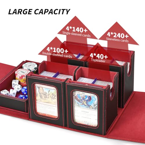 Commander Deck Box for MTG, Trading Card Storage Box Holds 400+ Double-Sleeved Cards, 5 IN 1 Removable Card Case with Dice Tray, Display Window with Magnetic Card Holders for TCG/CCG (Black Red) - color: 5-IN-1-Black Red