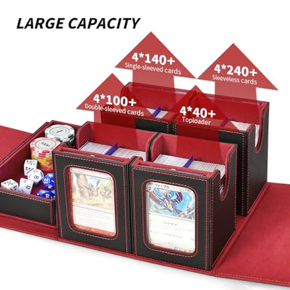 Commander Deck Box for MTG, Trading Card Storage Box Holds 400+ Double-Sleeved Cards, 5 IN 1 Removable Card Case with Dice Tray, Display Window with Magnetic Card Holders for TCG/CCG (Black Red) - color: 5-IN-1-Black Red