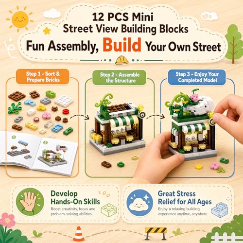 12 PCS Mini Street View Building Bricks Set, Modular City Shop Model, DIY Tiny Town Collection, Aesthetic Tabletop Decor, Holiday & Birthday Gifts for Adults