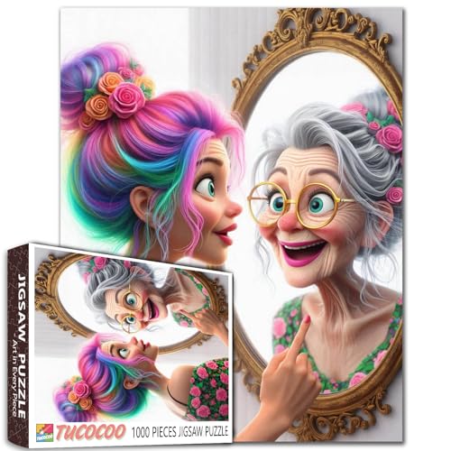 Old Woman Looks in the Mirror Jigsaw Puzzles 1000 Pieces for Adults Colorful Hair Rose Hair Accessories Challenging for Family or Friends Game Relaxation Entertainment Activity Wall Decor - color: Old Woman-a11