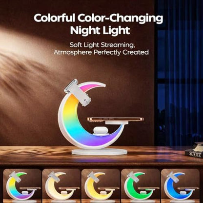 3 in 1 Magnetic Wireless Charging Station, Moon-Design | Magsafe Charger Stand, RGB Night Light, 15W Fast Wireless Charger, Foldable, For iPhone & Airpods & Watch
