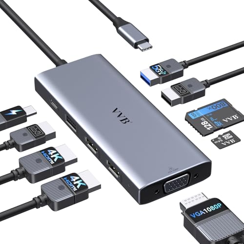 USB C Docking Station Dual Monitor HDMI Adapter for Dell HP Lenovo,Laptop Docking Station 3 Monitors USB C Hub Multiple Adapter Dongle with 2 HDMI 4K+VGA+100W PD Charger+3 USB Port+SD/TF Card Reader - color: Silver Gray