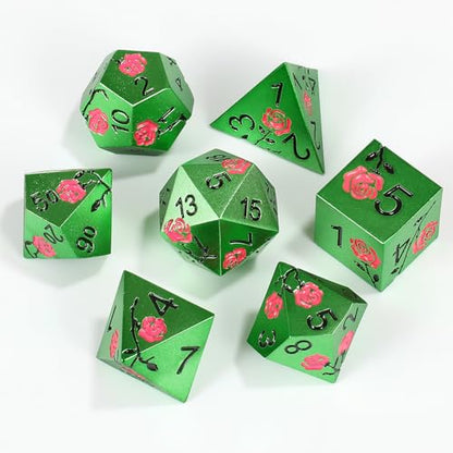 Rose Engraved Metal Dice Set 7PCS for DND RPG Tabletop Gaming | Solid zinc alloy build with 150g weight for balanced rolls(Green with Red Rose) - color: Green With Red Rose